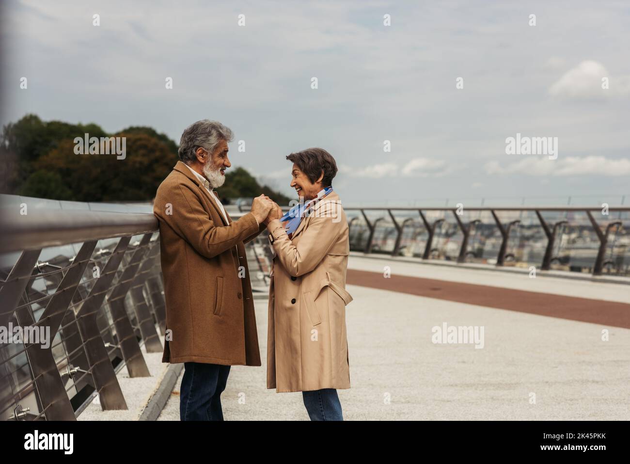 vue latérale d'une femme âgée heureuse tenant les mains avec un mari barbu et gai près du rail de garde-pont, image de stock Banque D'Images
