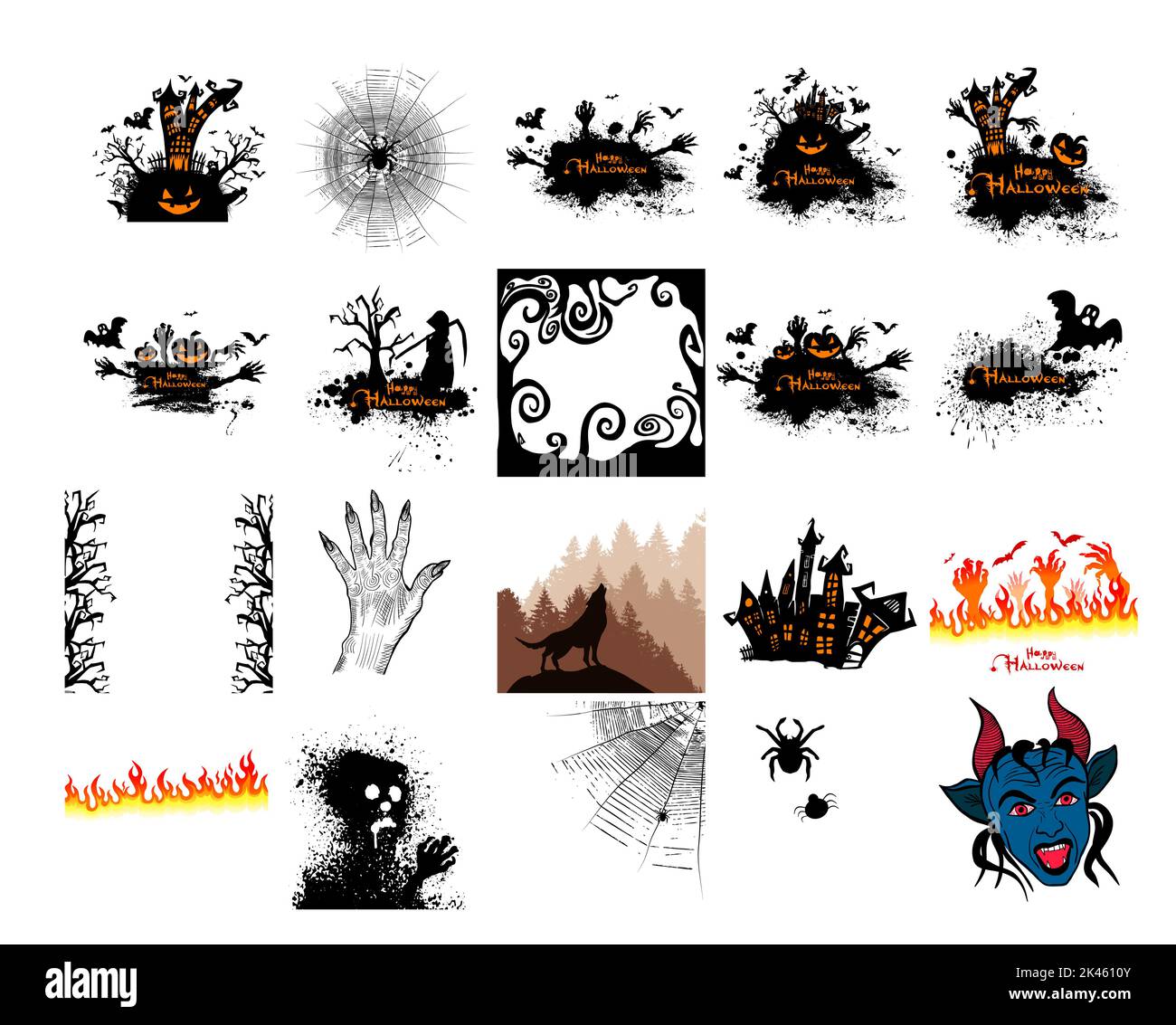 Ensemble de silhouettes d'Halloween sur fond blanc. Joyeux Halloween. Illustration vectorielle Illustration de Vecteur