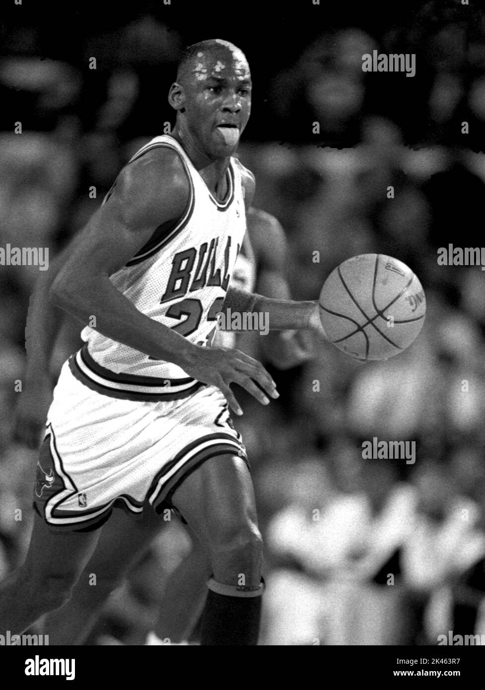 La superstar de la NBA, Michael Jordan, des Chicago Bulls, est présentée lors du match en 1980s. Banque D'Images