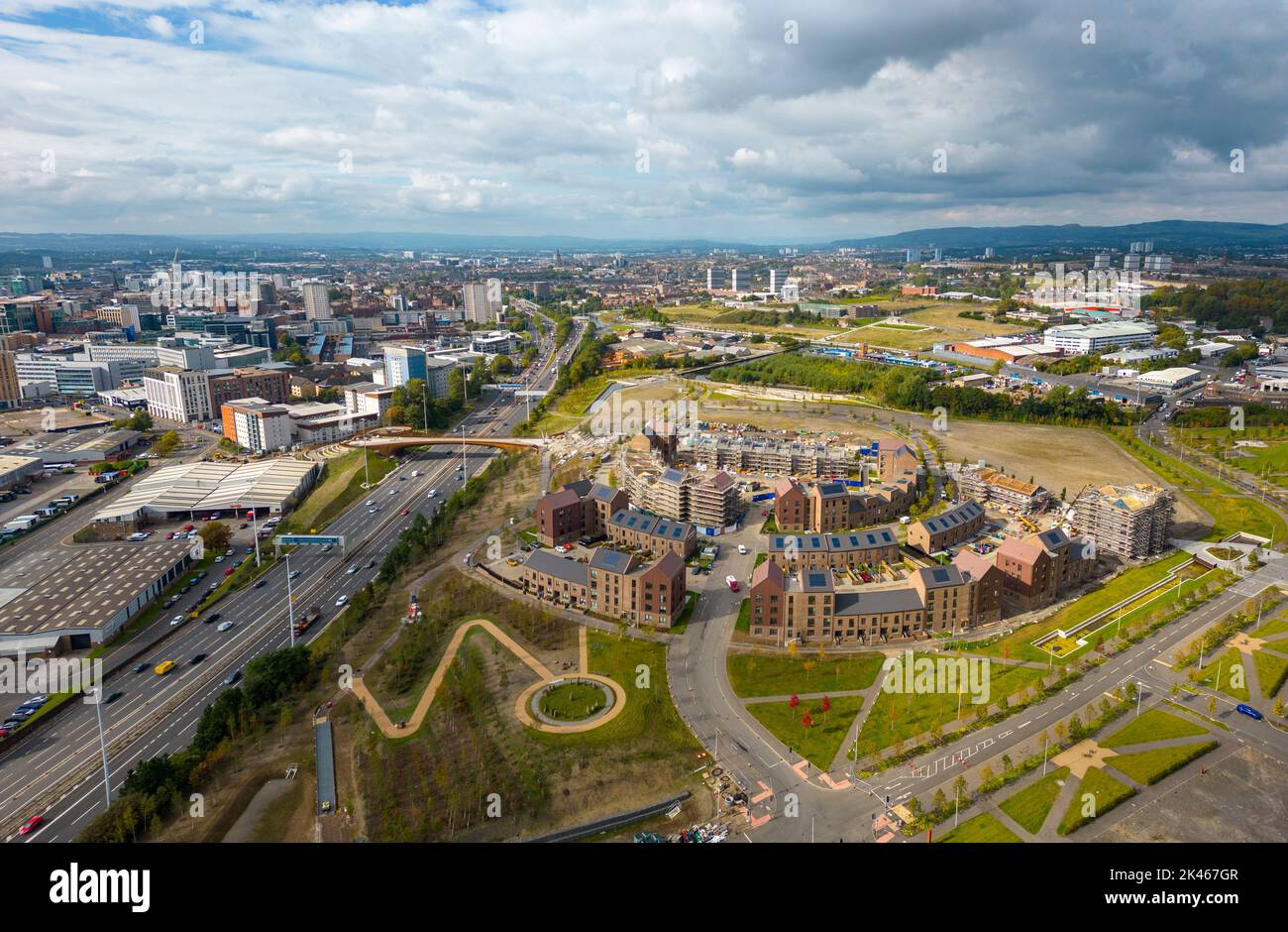 Vue aérienne du développement de nouveaux logements à la zone de régénération transformationnelle de Sighthill (TRA) à Glasgow, en Écosse, au Royaume-Uni Banque D'Images