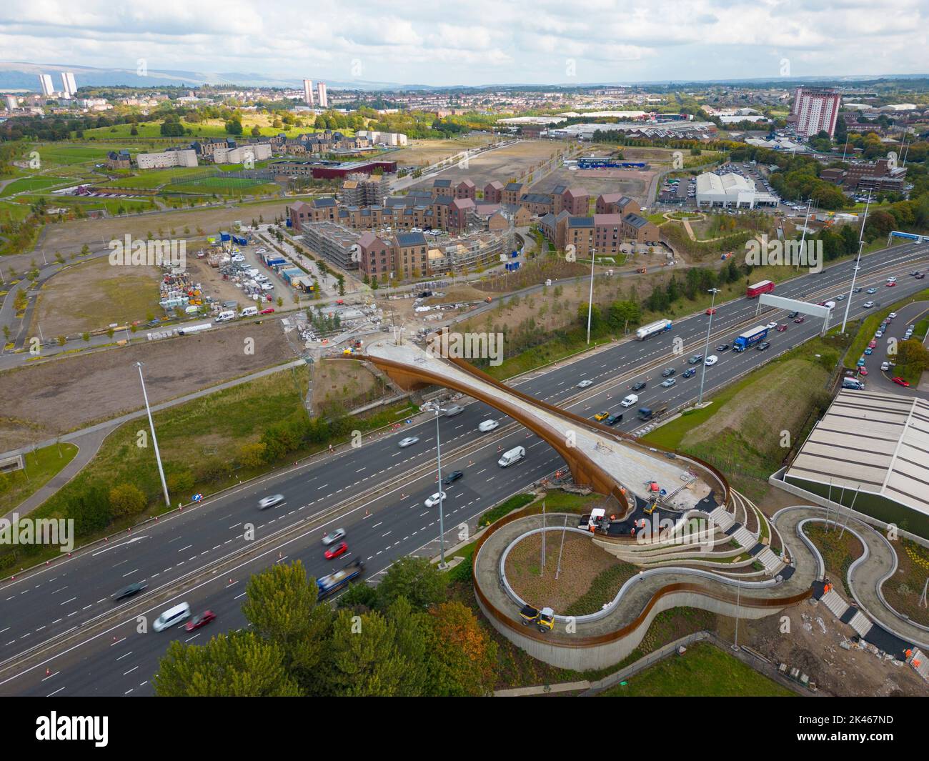 Vue aérienne du développement de nouveaux logements à la zone de régénération transformationnelle de Sighthill (TRA) à Glasgow, en Écosse, au Royaume-Uni Banque D'Images