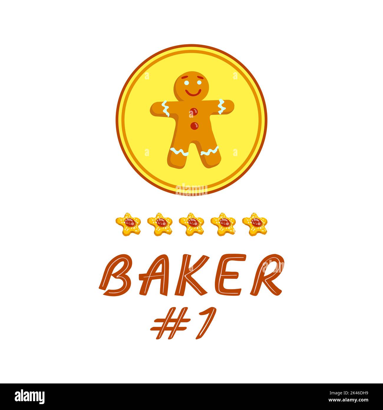 Médaille ou insigne d'homme de pain d'épice, cinq biscuits en forme d'étoiles, lettre Baker numéro un. Récompense humoristique, déclaration Illustration de Vecteur