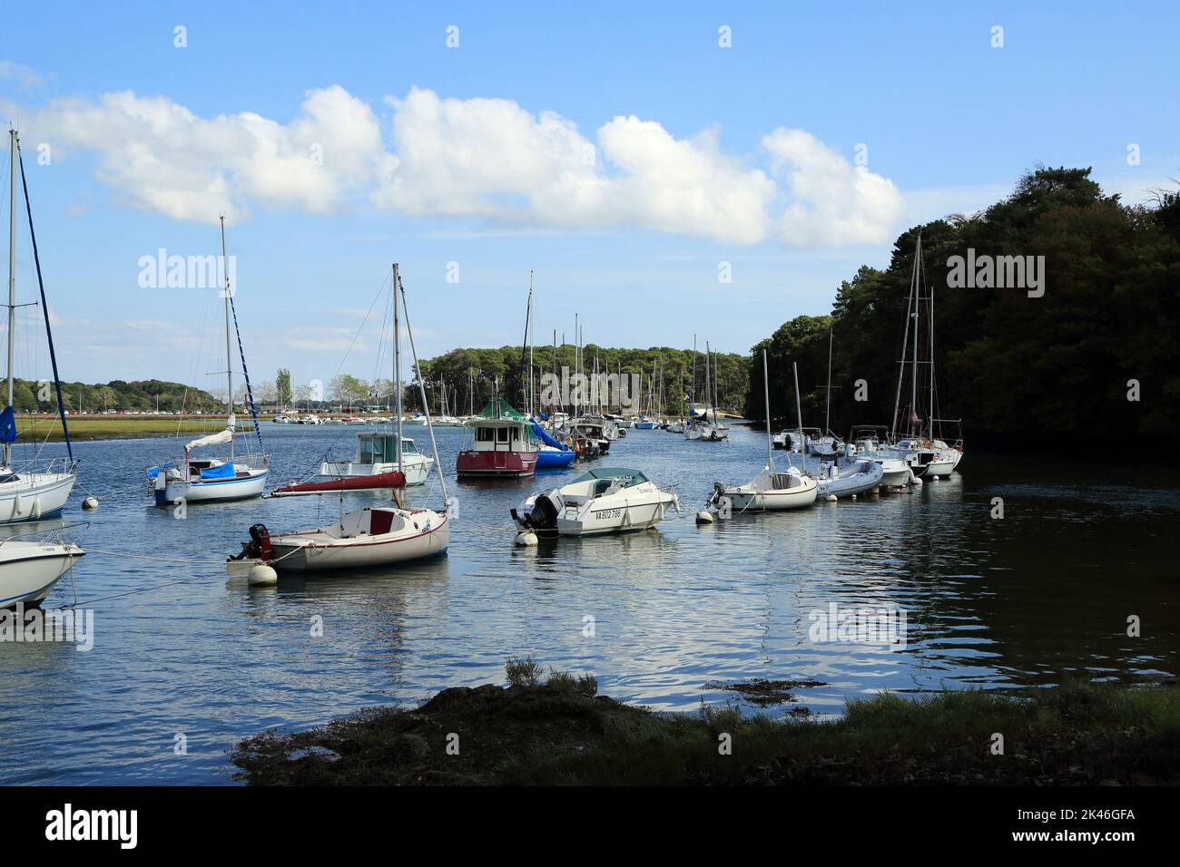 Vue sur le Vincin et les yachts amarrés depuis la rive ouest près de la route de Mereac, Arradon, Golfe du Morbihan, Morbihan, Bretagne, France Banque D'Images
