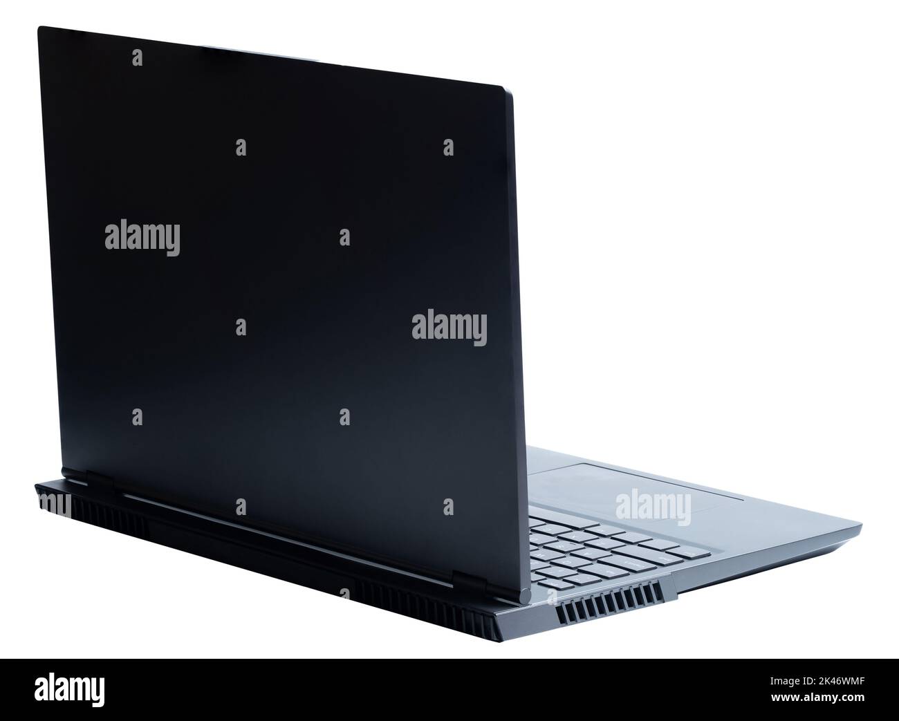 Vue isométrique arrière de l'ordinateur portable noir ouvert avec passe-bande Banque D'Images