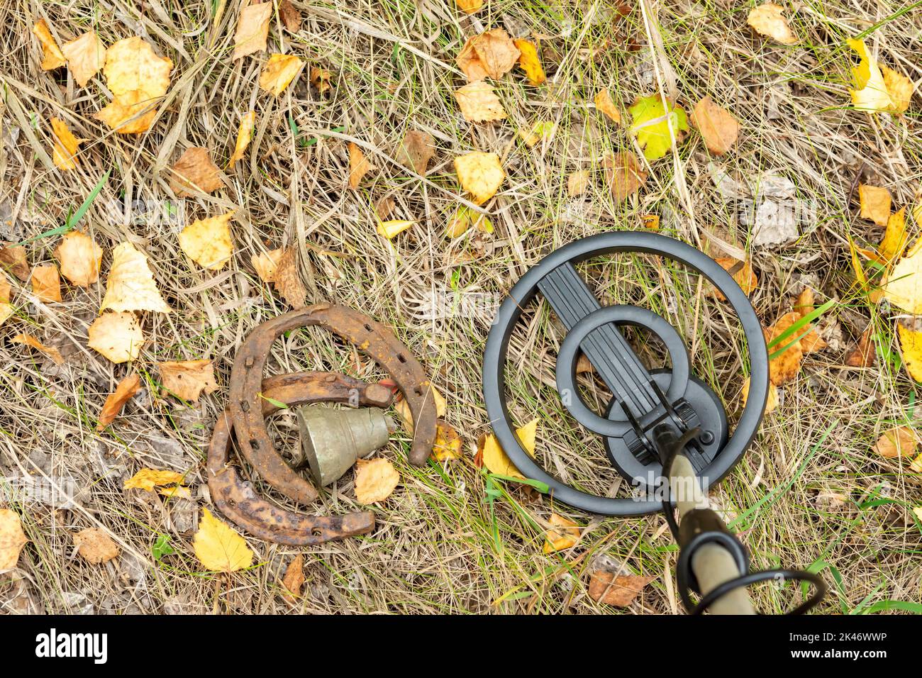 De vieux fers à cheval, recueillis avec un détecteur de métaux, sur fond d'herbe verte. Banque D'Images