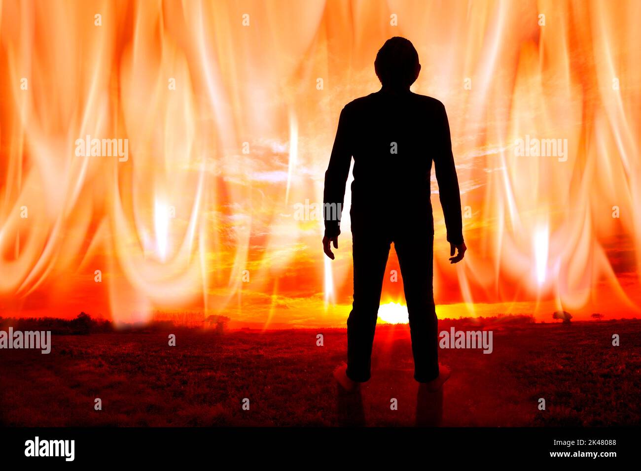 Homme regardant la fin du monde, illustration conceptuelle Banque D'Images