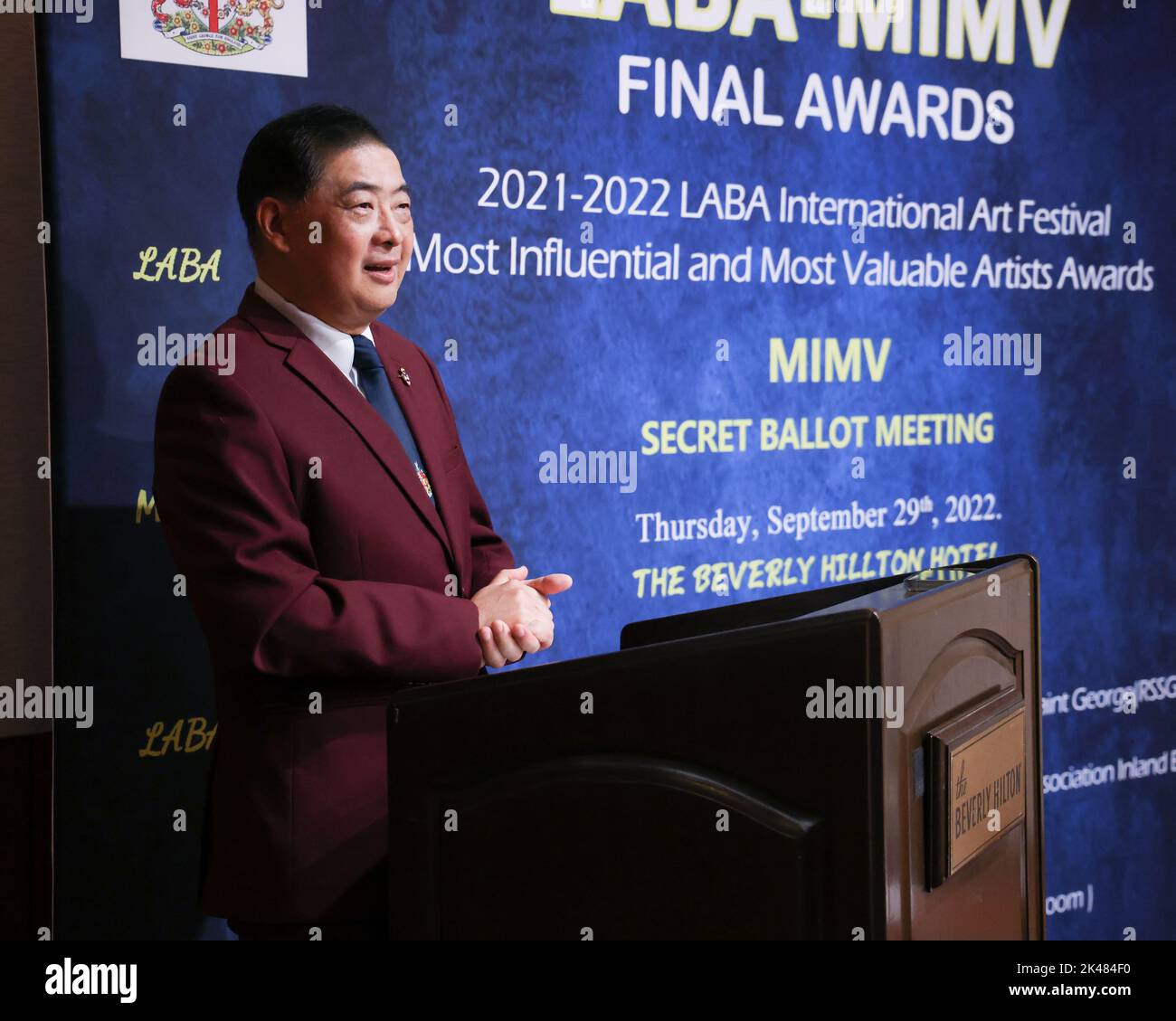 Beverly Hills, Californie, États-Unis. 29th septembre 2022. Joey Zhou, fondateur et président de Los Angeles Beverly Arts (LABA) présente au Los Angeles Beverly Arts (LABA) International Art Festival "le plus influent et le plus précieux" artiste mondial Top 10 annonce à l'hôtel Beverly Hilton de Beverly Hills, Californie. Crédit: Sheri Determan Banque D'Images