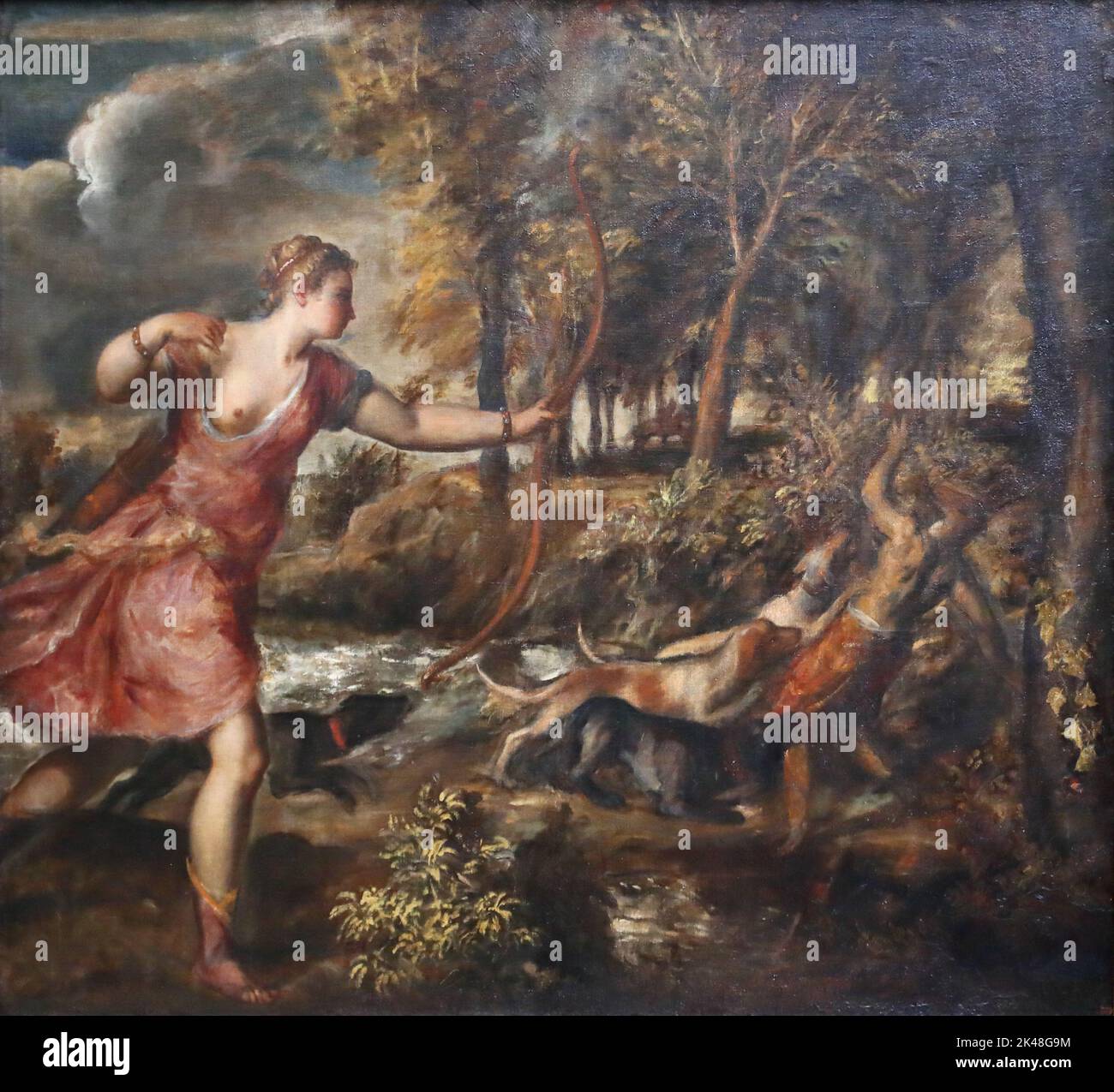 La mort d'Actaeon par le peintre italien de la Renaissance Titien à la National Gallery, Londres, Royaume-Uni Banque D'Images