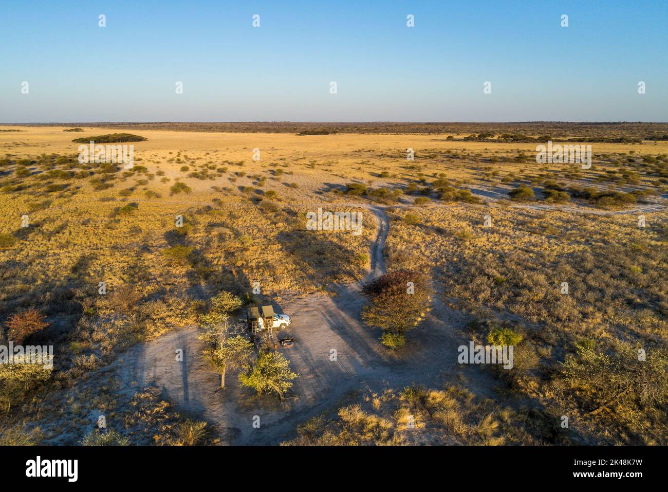 Voiture de location avec tente sur le toit - dans le Kalahari , Afrique Banque D'Images Voiture de location avec tente sur le toit - dans le Kalahari , Afrique Banque D'Images