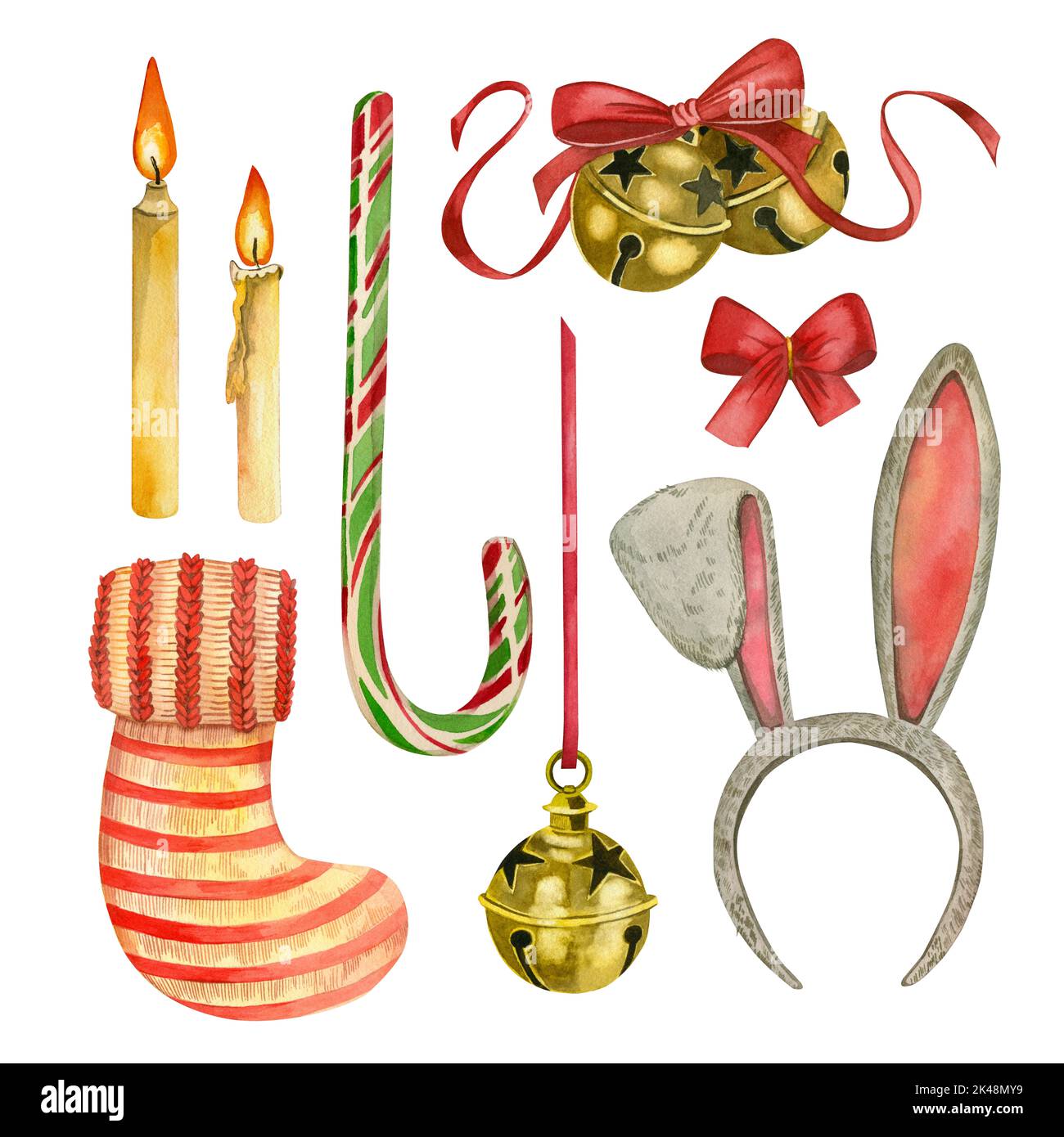 Un ensemble d'éléments aquarelle pour Noël. Bougies, une chaussette, un lopop, des cloches, des oreilles de lapin peintes à la main dans l'aquarelle. Convient pour le design, cartes postales Banque D'Images