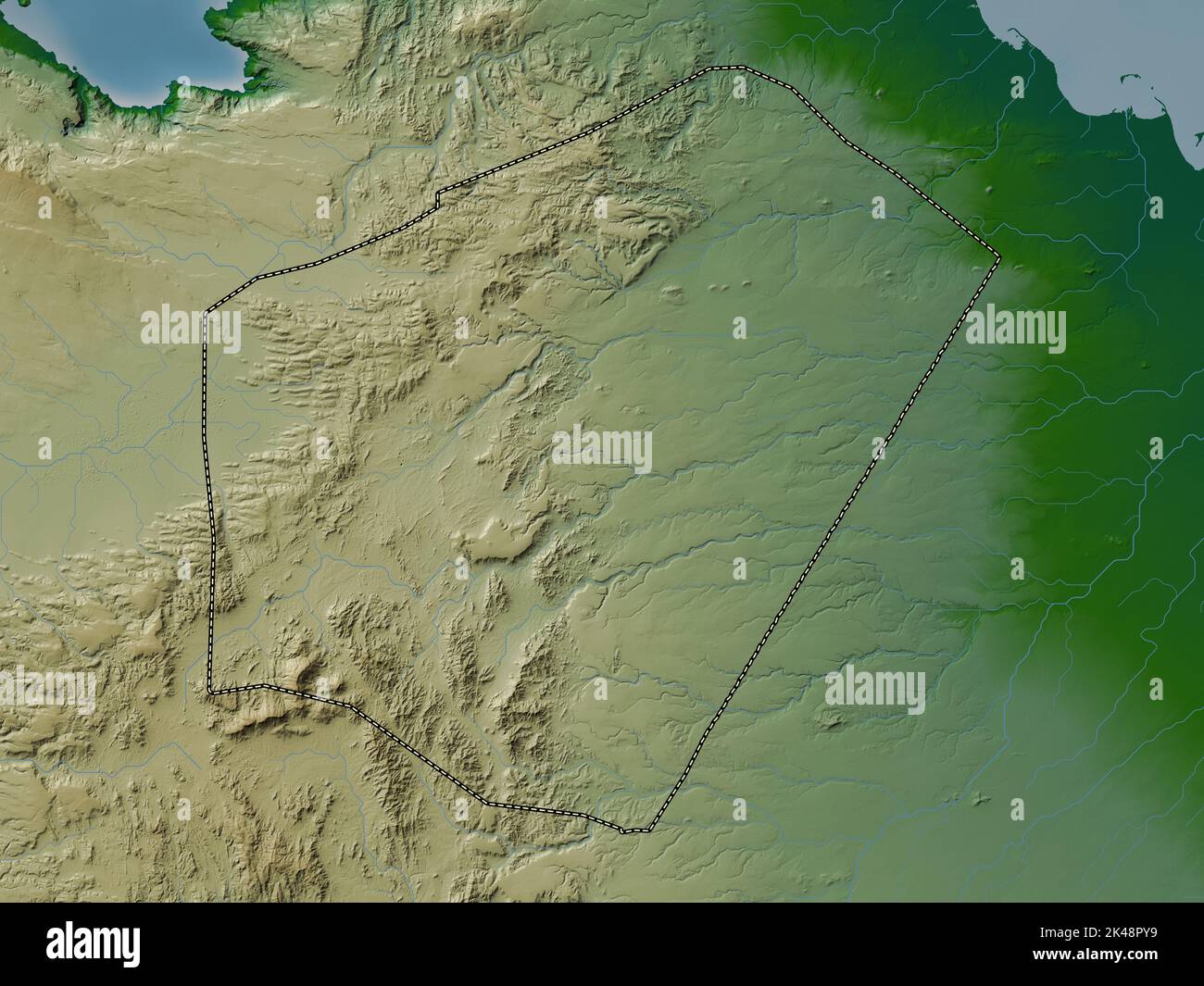 Ali Sabieh, région de Djibouti. Carte d'altitude en couleur avec lacs et rivières Banque D'Images