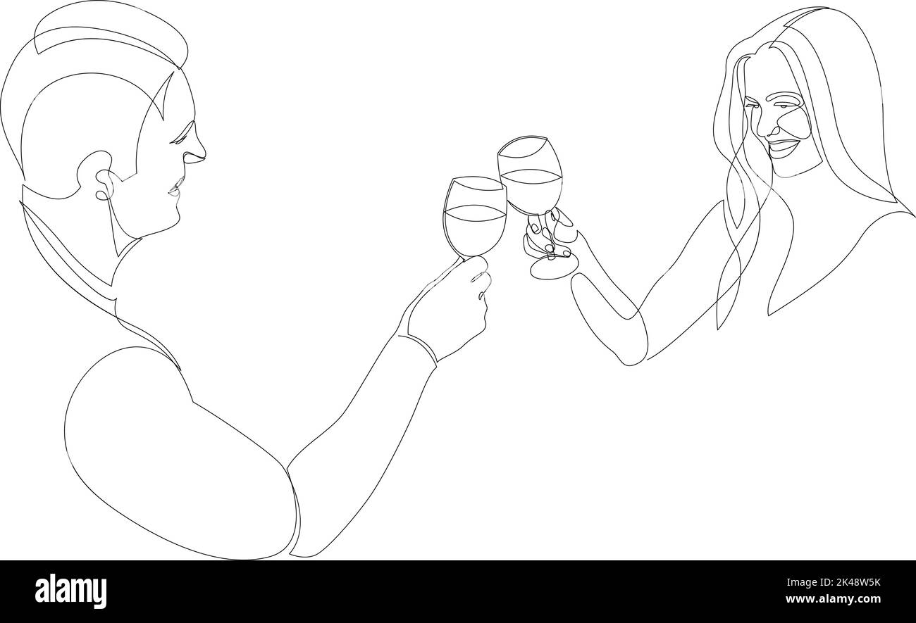 Dessin continu de l'homme et de la femme qui applaudissent avec des verres de vin. Illustration vectorielle Illustration de Vecteur