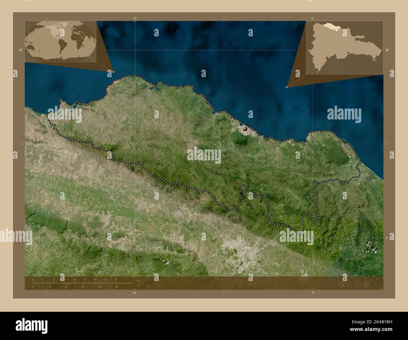 Puerto Plata, province de la République dominicaine. Carte satellite basse résolution. Cartes d'emplacement auxiliaire d'angle Banque D'Images