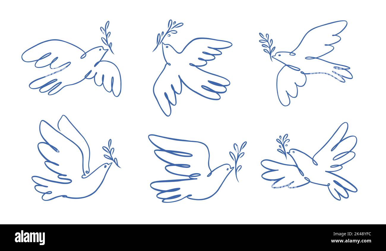 Paix colombe avec symbole de branche d'olivier. Oiseau symbole de paix et de liberté dans un style linéaire simple. Illustration vectorielle Doodle Illustration de Vecteur