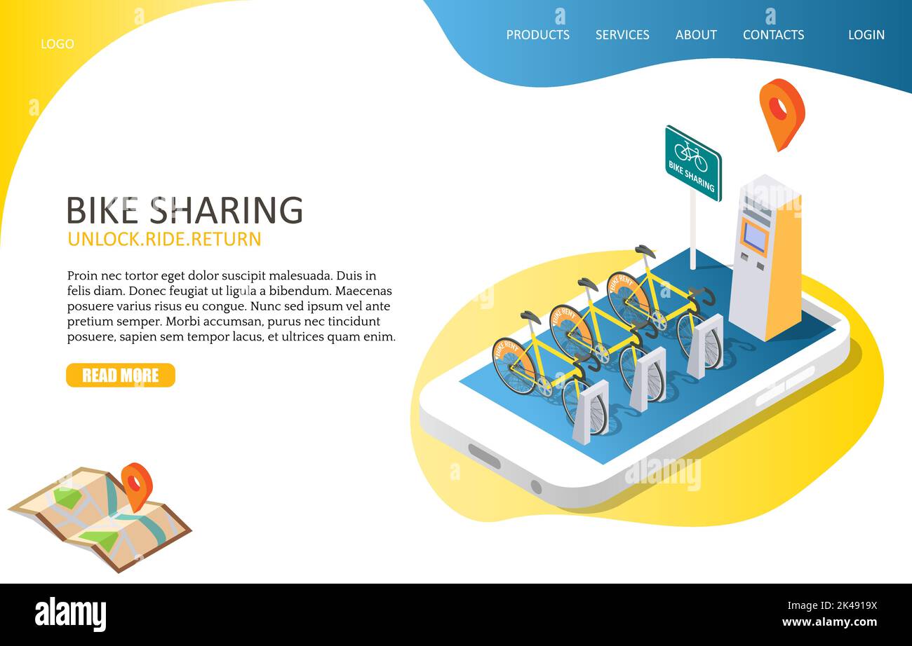 Modèle de site Web de la page d'arrivée du partage de vélo. Illustration vectorielle isométrique d'un smartphone avec station d'accueil et vélos à louer, terminal de paiement. Illustration de Vecteur