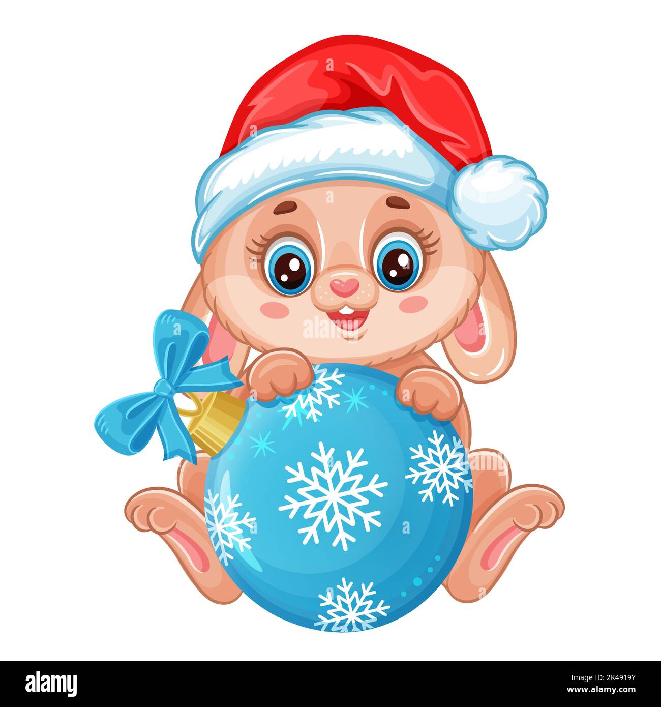 Lapin de Noël en chapeau de père Noël avec boule d'arbre de Noël de vacances. Nouvel an chinois. Adorable lapin avec jouet décoratif en sapin de verre. Carte de vœux. Vecteur Illustration de Vecteur