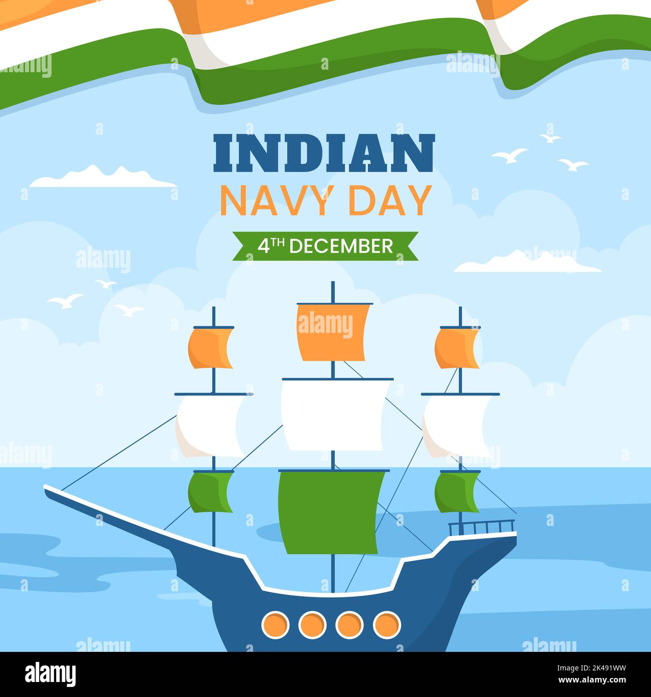 Modèle d'arrière-plan de la Journée de la Marine indienne dessin à la main dessin à l'écran plat de dessin animé Illustration de Vecteur