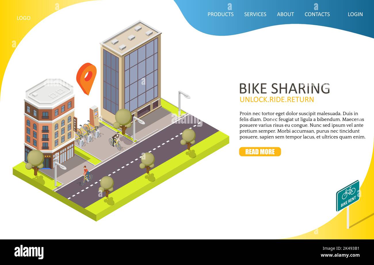 Modèle de site Web de la page d'arrivée du partage de vélo. Illustration vectorielle isométrique de la rue de la ville, station d'accueil, location de vélos, terminal de paiement. Vélo r Illustration de Vecteur
