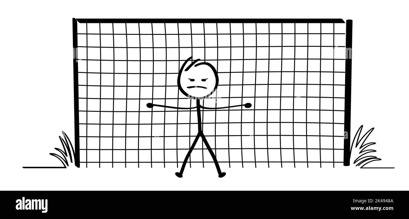 Dessin animé stickman avec le filet de but ou le filet de football, attendez la balle. Bâton figure homme avec ballon de football. Drôle de vecteur sport icône. Monde nous, EK sport fina Banque D'Images