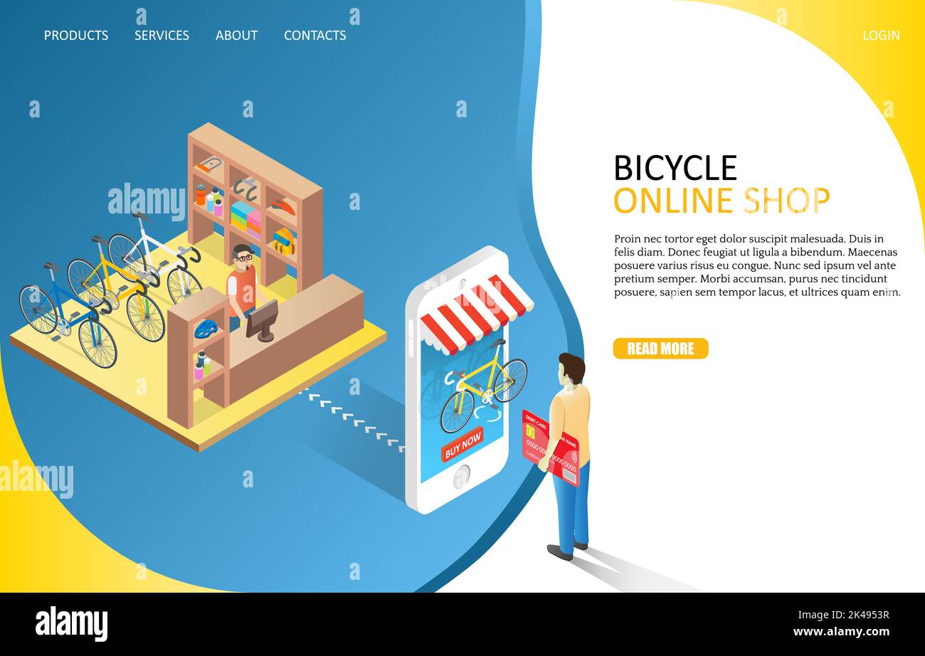 Modèle de site Web de la page d'arrivée de la boutique en ligne de vélos. Illustration isométrique vectorielle de l'homme qui fait du shopping via un smartphone. Achats en ligne, e-commerce con Illustration de Vecteur