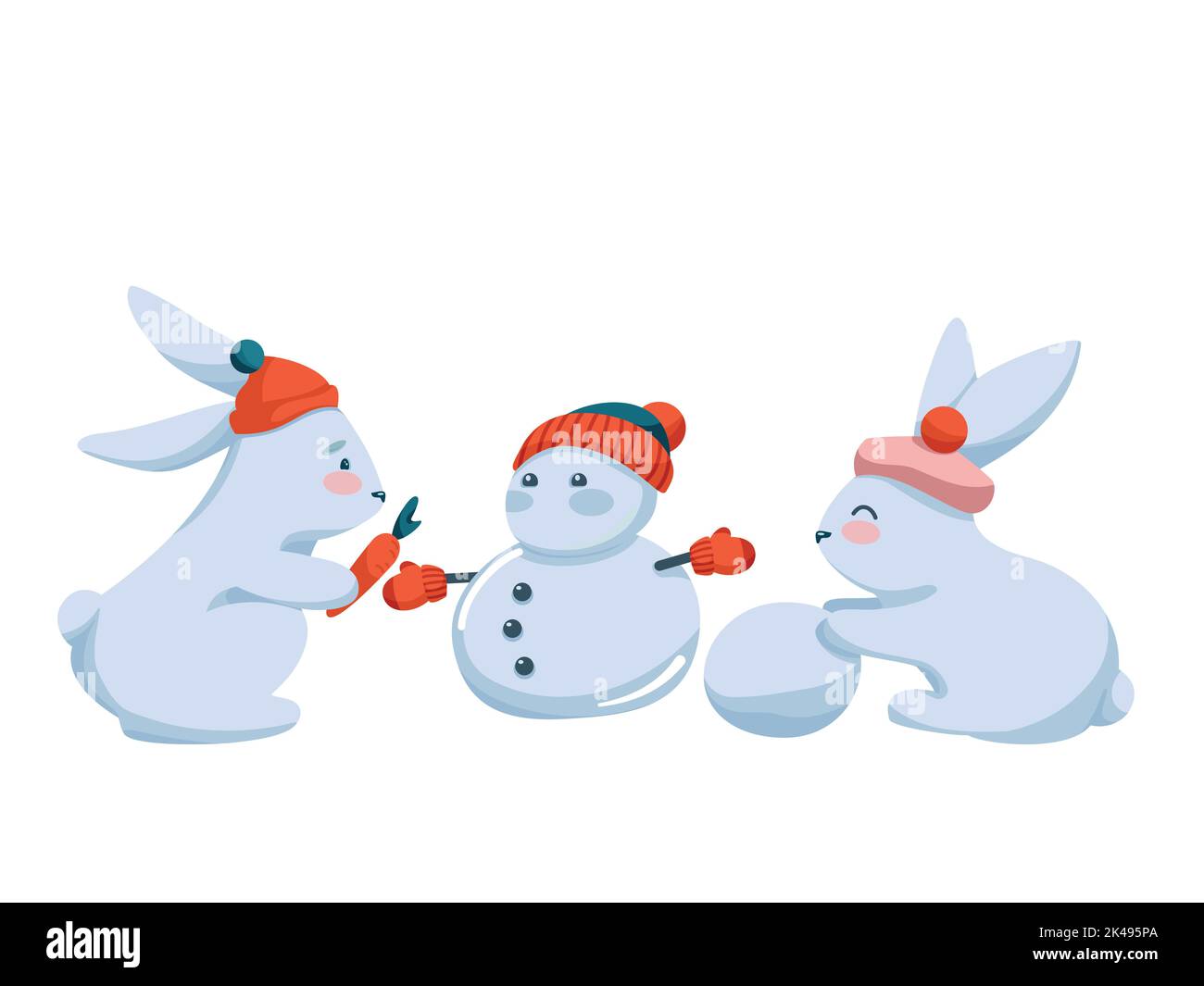 Les adorables lapins font bonhomme de neige et fixent le Carrot Illustration de Vecteur