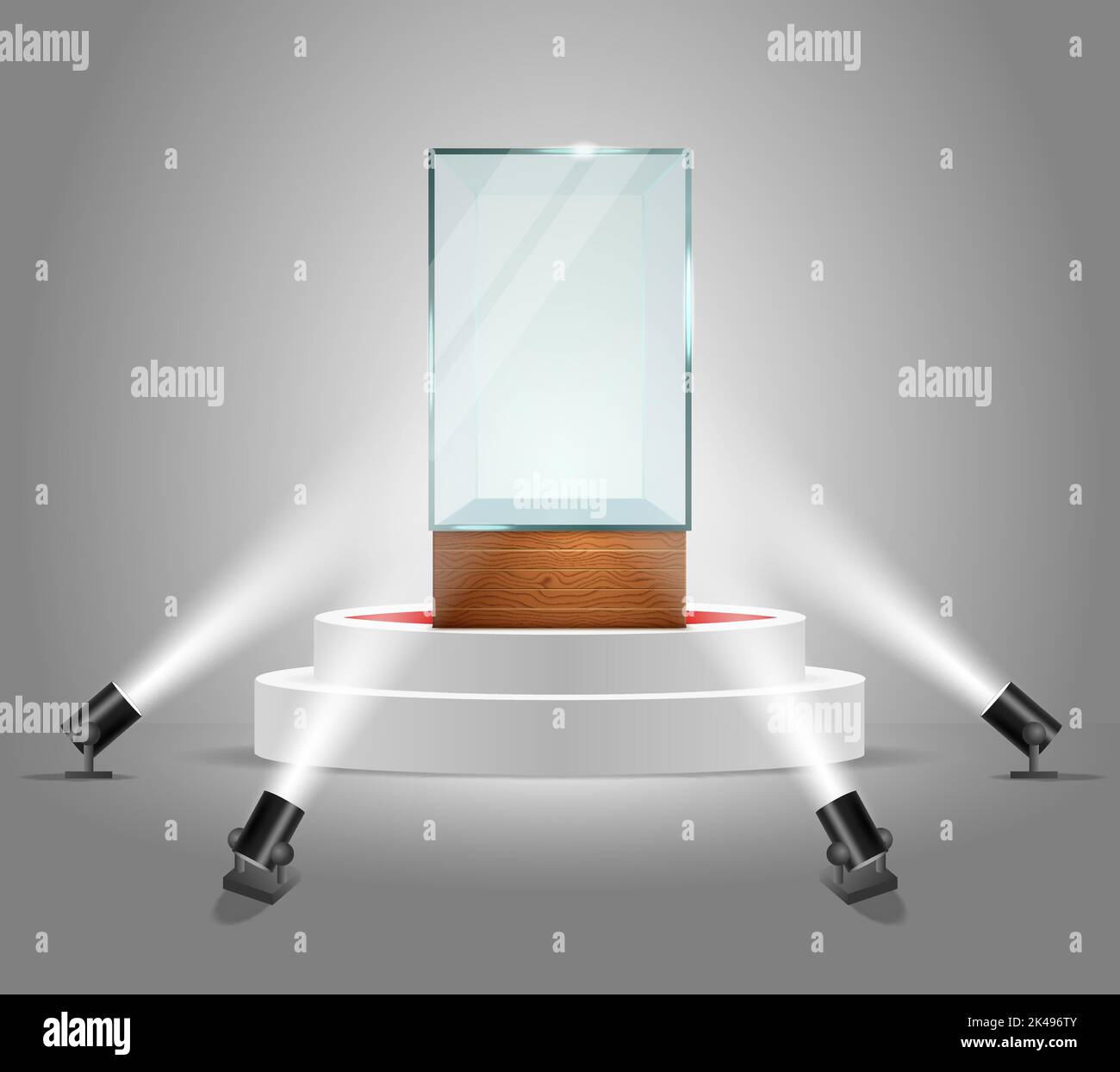 Podium rond blanc avec vitrine en verre vide illuminée par des spots au sol. Illustration vectorielle réaliste. Vitrine pour exposition de présentation. Illustration de Vecteur