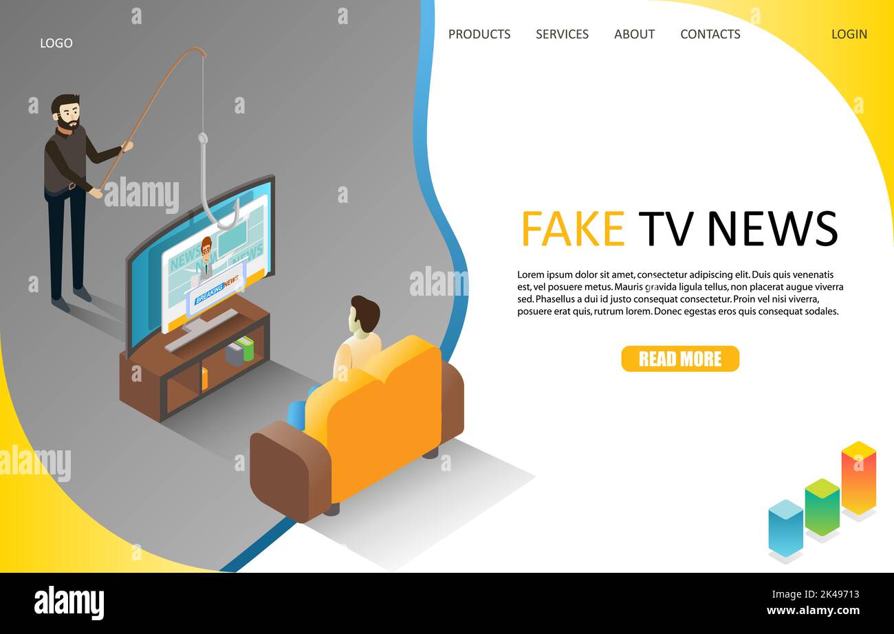 Modèle de site Web de la page d'arrivée des informations de la télévision en direct falsifiées. Illustration isométrique vectorielle. Désinformation ou canulars diffusés via la diffusion traditionnelle nouveau Illustration de Vecteur