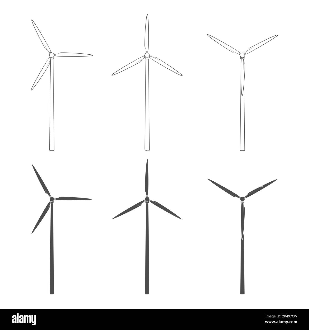 Jeu d'illustrations noir et blanc avec éolienne, moulin à vent. Objets vectoriels isolés sur fond blanc. Illustration de Vecteur