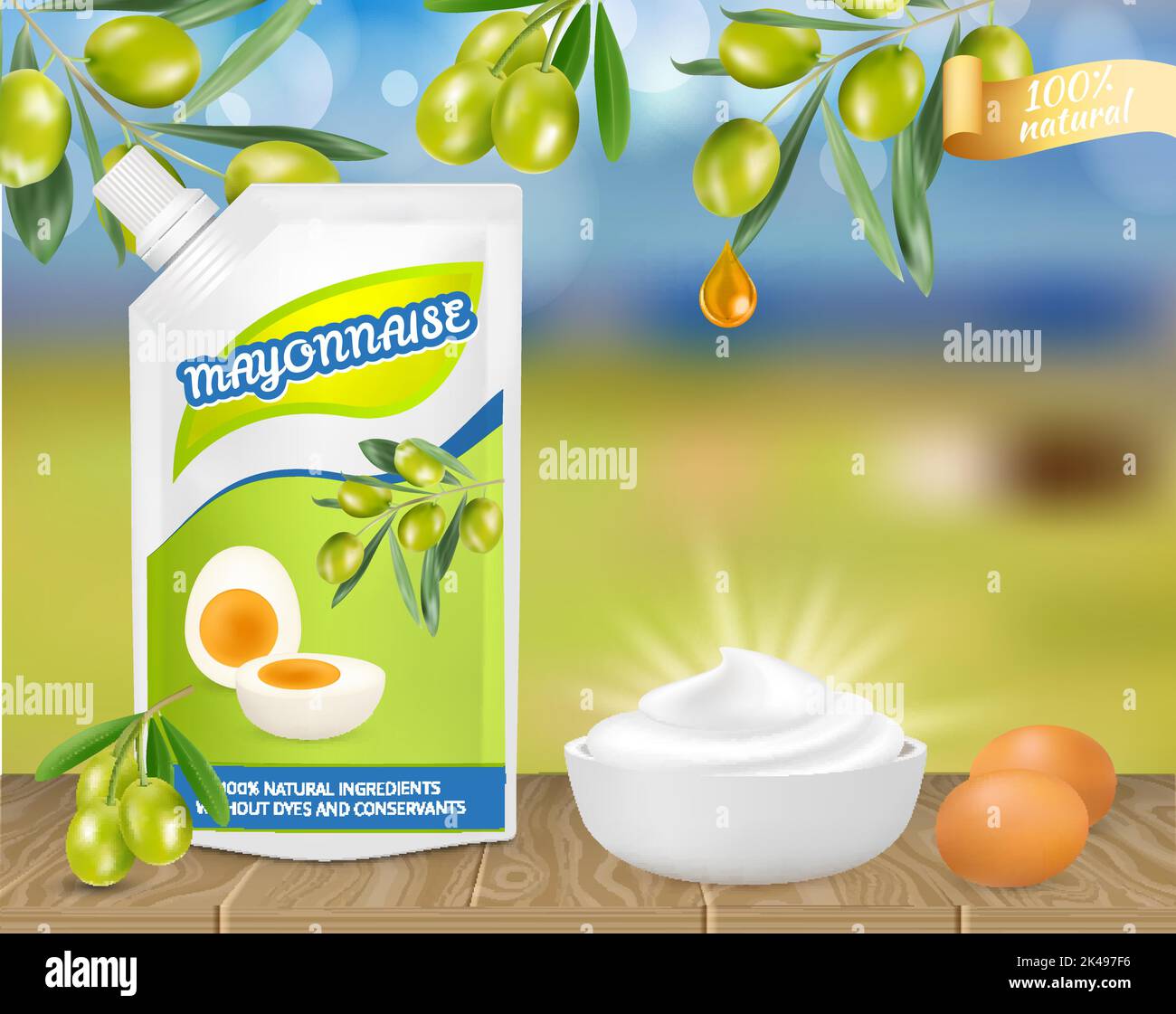 Mayonnaise d'olive naturelle. Illustration réaliste vectorielle de la sauce mayonnaise dans un sac en plastique doypack et dans un bol, des œufs, des olives. Publicité sur les produits alimentaires Illustration de Vecteur