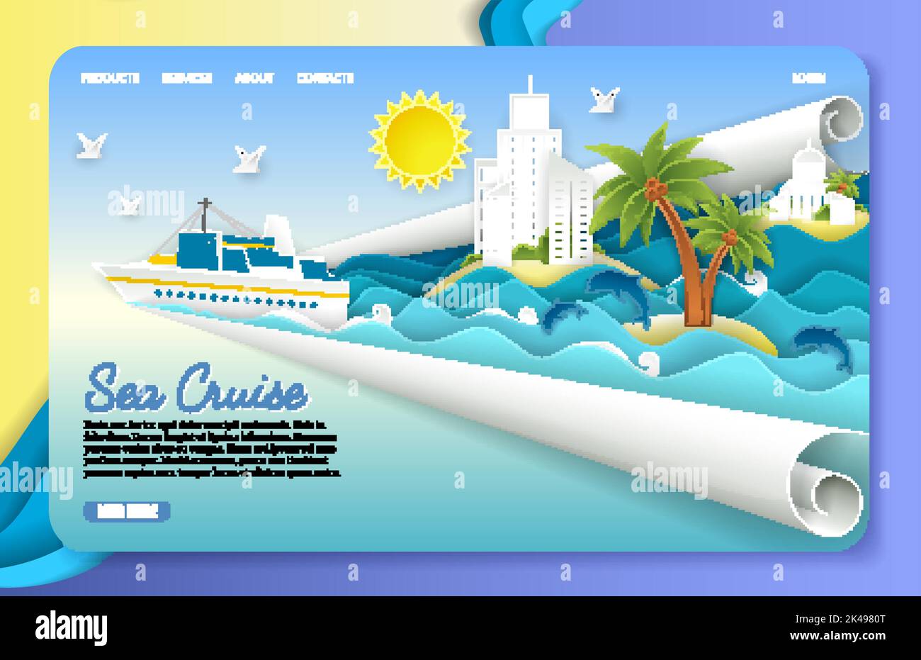 Modèle de site Web de la page d'arrivée de la croisière en mer. Un paquebot de croisière vectoriel en papier flottant sur les vagues de l'océan, les dauphins, les mouettes, les îles, les stations touristiques. sea voy Illustration de Vecteur