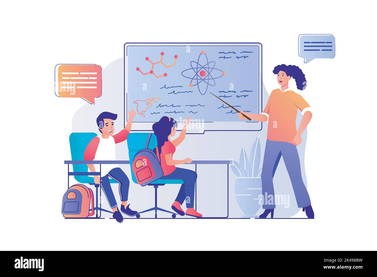 Concept d'apprentissage scolaire avec scène de personnes. Garçons et filles étudiant en classe, enseignant expliquant la leçon et pointant sur le tableau noir. Vecteur Illustration de Vecteur