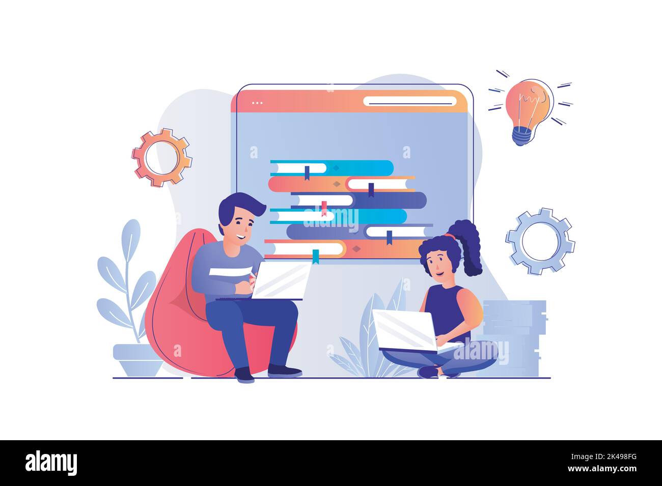 Les enfants apprennent sur le concept d'ordinateur avec la scène de personnes. Garçon et fille étudiant en ligne en utilisant des ordinateurs portables, regardant des leçons vidéo, lisant des livres. Vecteur Illustration de Vecteur