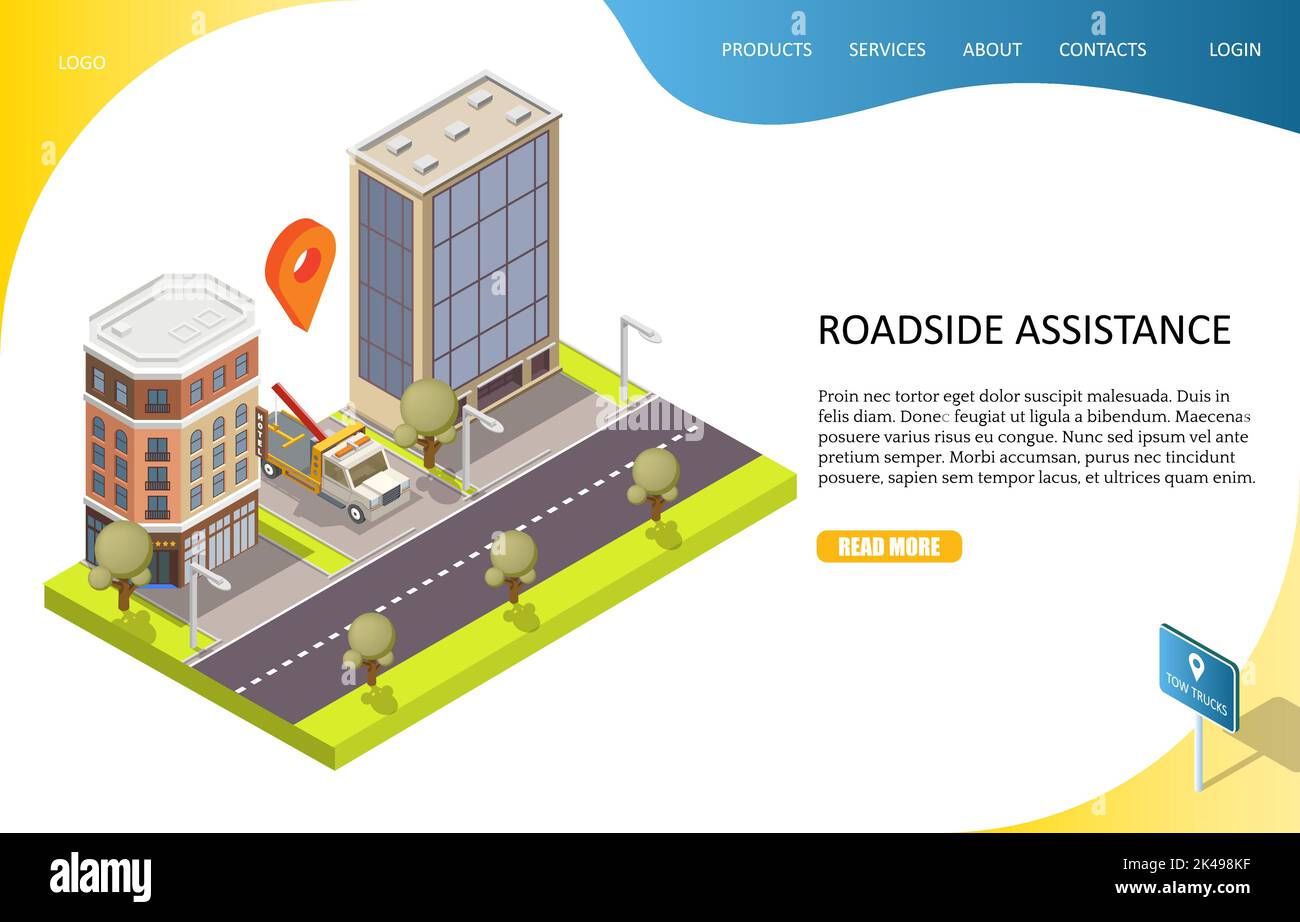 Modèle de page d'accueil de l'assistance routière. Rue de ville isométrique Vector avec bâtiments, évacuateur de camion de remorquage et goupille de plan de localisation au-dessus. Voiture Illustration de Vecteur