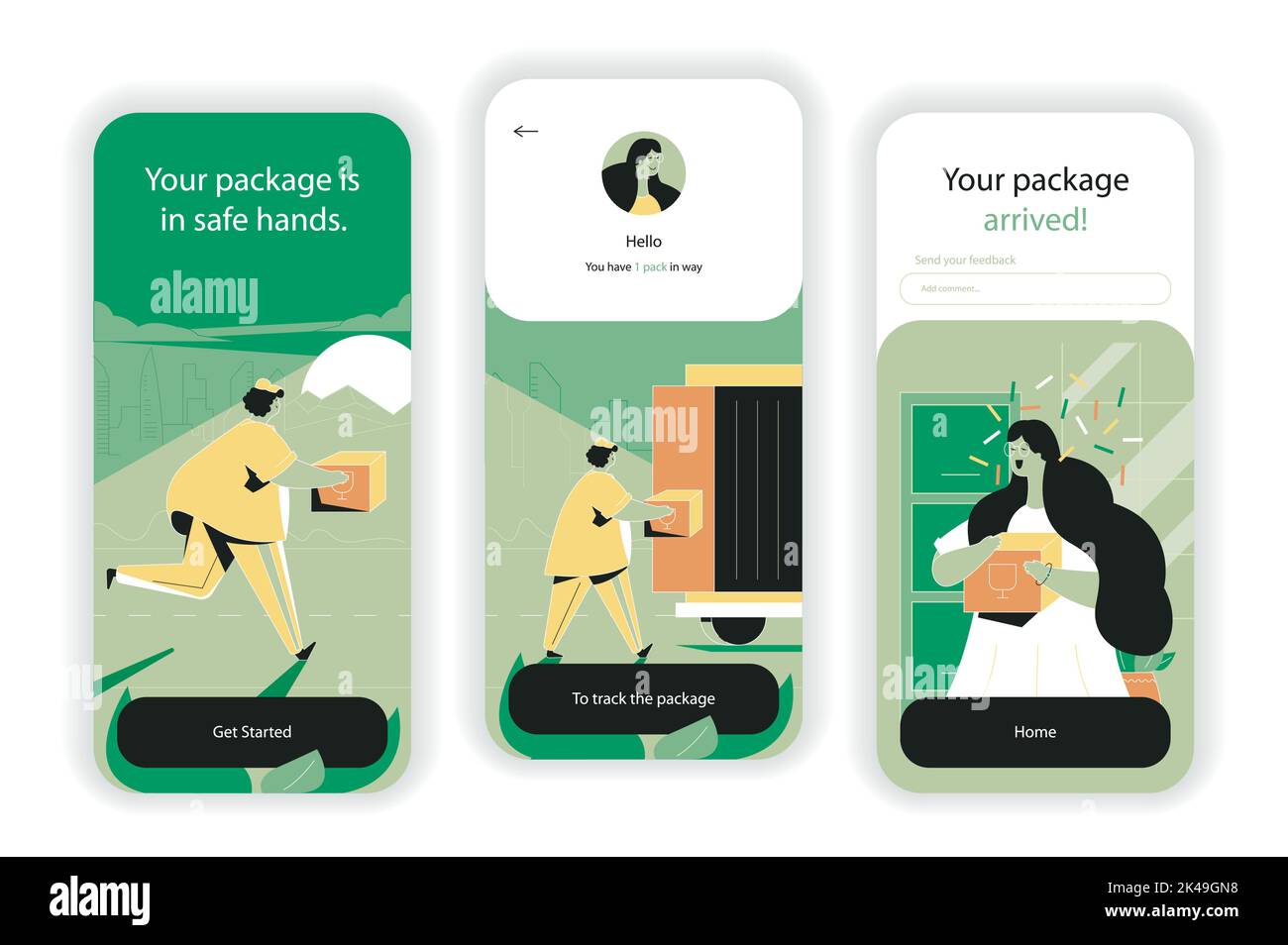 Écrans d'intégration du concept de service de livraison. Livraison rapide par messagerie de colis, logistique et expédition express. Kit d'interface utilisateur UI, UX, GUI avec Illustration de Vecteur