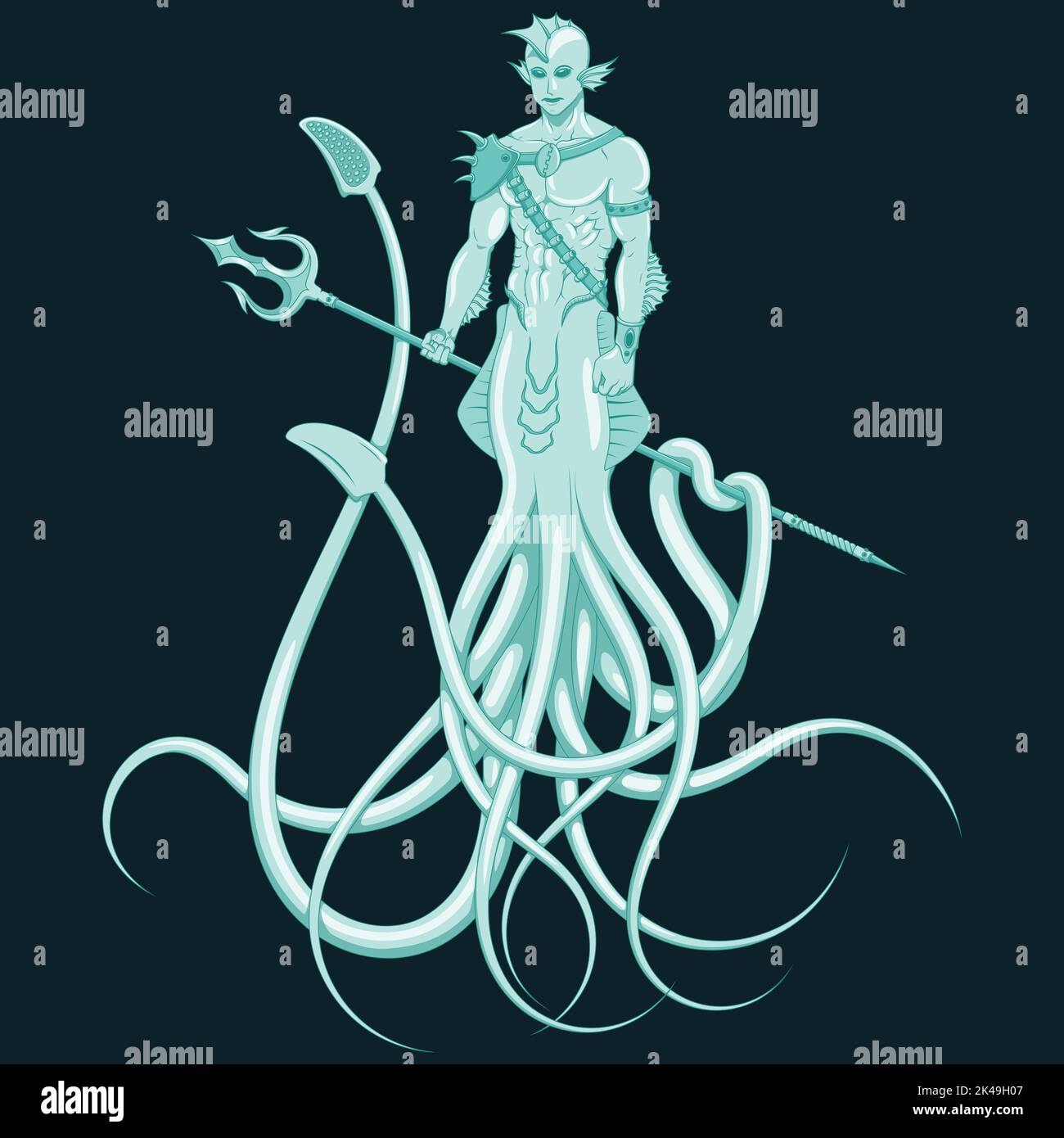 Demi-homme demi-calmar motif vectoriel de créature, créature fantaisie avec trident, créature marine avec tentacules Illustration de Vecteur
