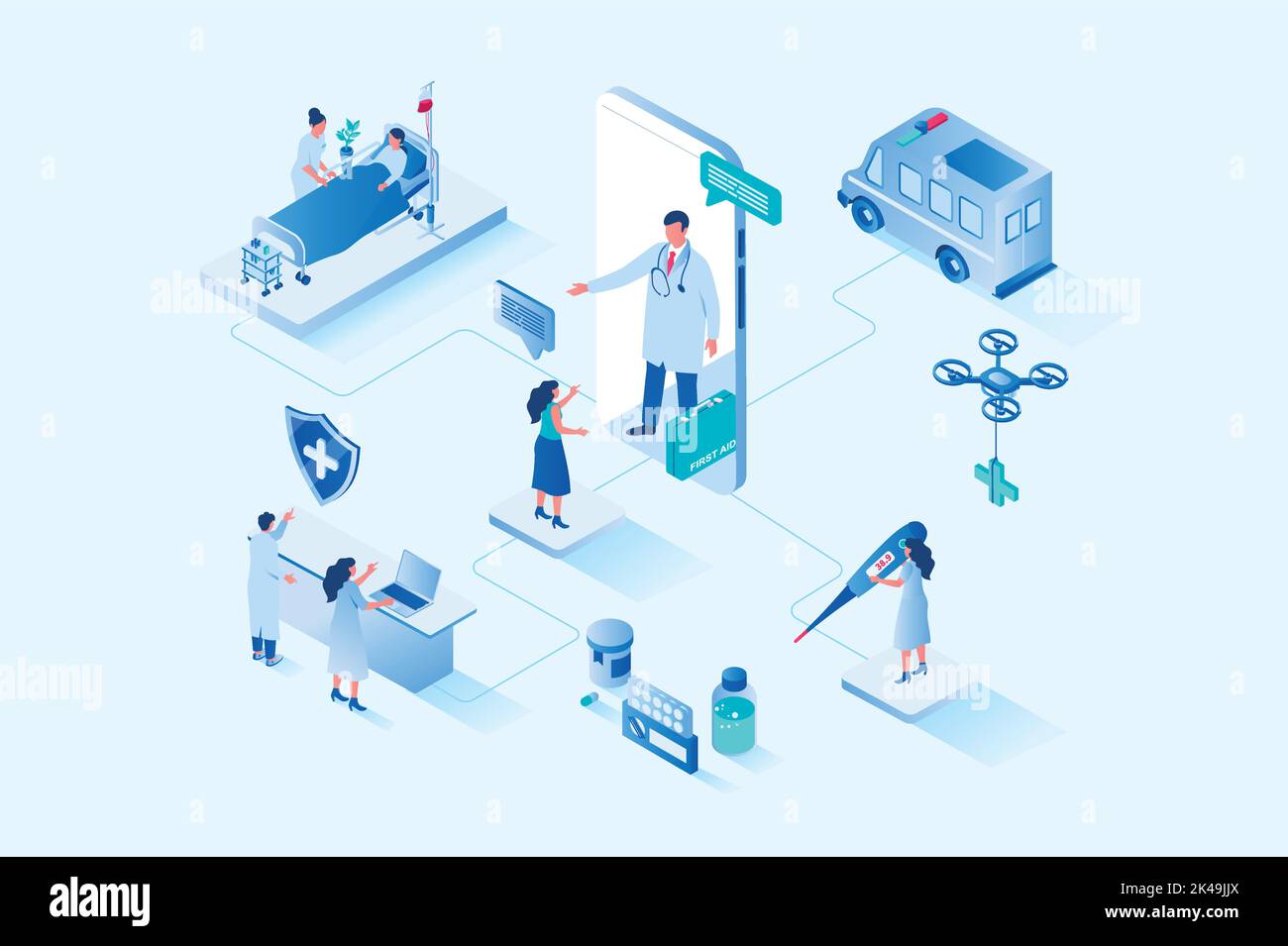 Medicine 3D conception de web isométrique. Les gens reçoivent une consultation en ligne avec un médecin, prennent rendez-vous à la réception de la clinique, reçoivent une thérapie dans la salle Illustration de Vecteur