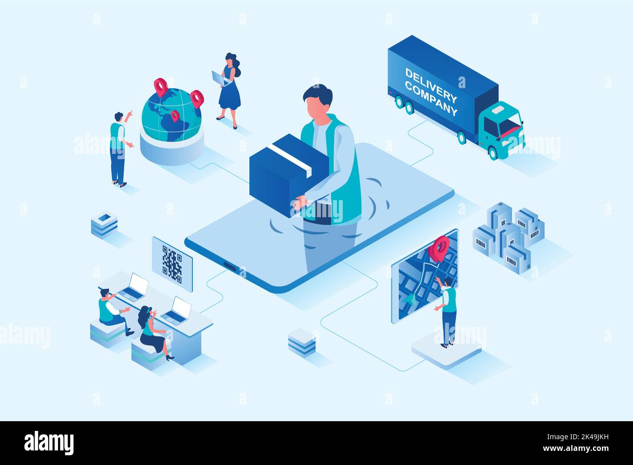 Livraison en ligne 3D web design isométrique. Les gens commandent des marchandises dans le monde entier, utilisent la livraison rapide de colis, le suivi en ligne dans l'application, le fret Illustration de Vecteur