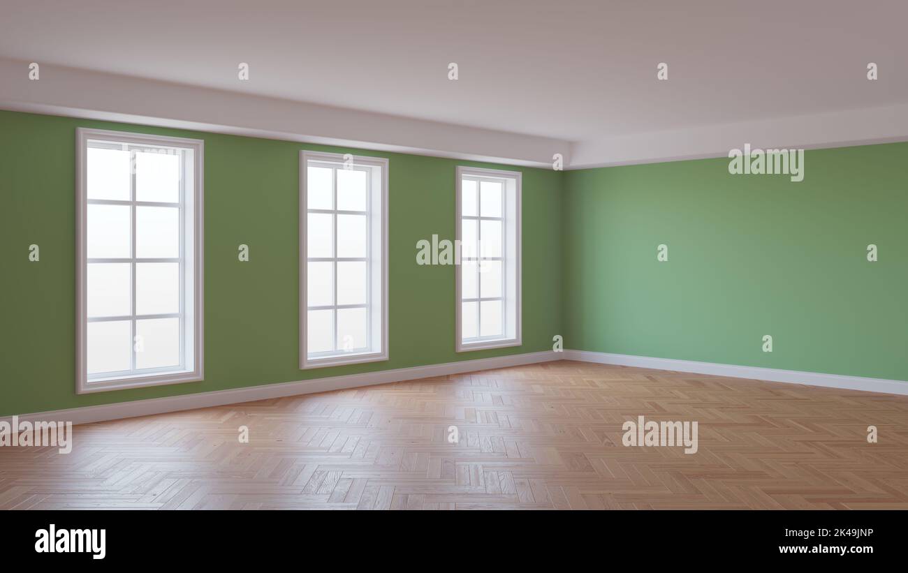 Magnifique intérieur avec murs verts, parquet brillant à chevrons, trois grandes fenêtres et un Plinth blanc. Concept de la salle vide. 3D rendu, 8K Ultra HD, 7680 x 4320, 300 dpi Banque D'Images