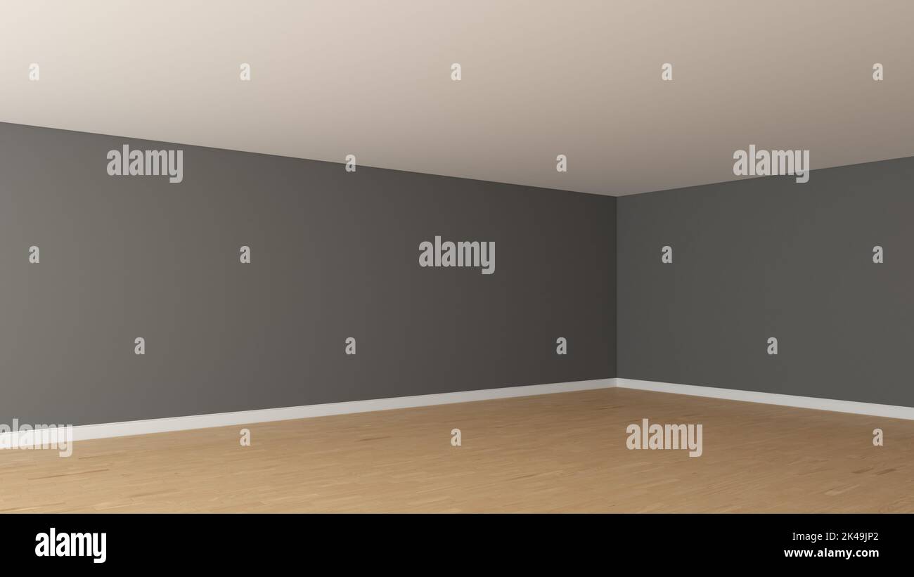 Coin intérieur de la chambre vide avec murs gris, plafond blanc, parquet clair et un Plinth blanc. Chambre vide non meublée. Vue en perspective. 3D illustration, Ultra HD 8K, 7680x4320, 300 dpi Banque D'Images