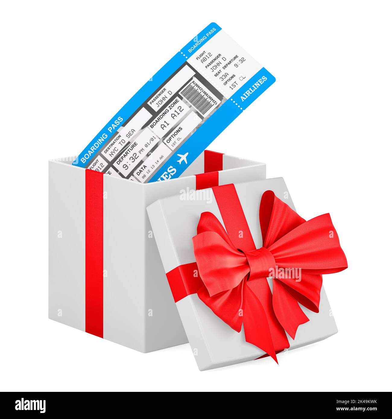 Carte d'embarquement dans la boîte cadeau, concept cadeau. 3D rendu isolé sur fond blanc Banque D'Images