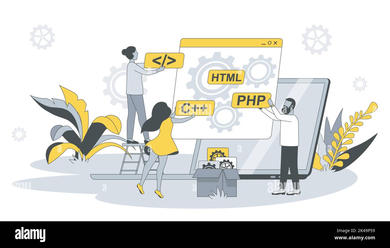 Développer un concept d'équipe en conception plate avec les gens. L'homme et la femme écrivent et testent le code, programmant sur différentes langues, optimisent les programmes. Vecteur Illustration de Vecteur