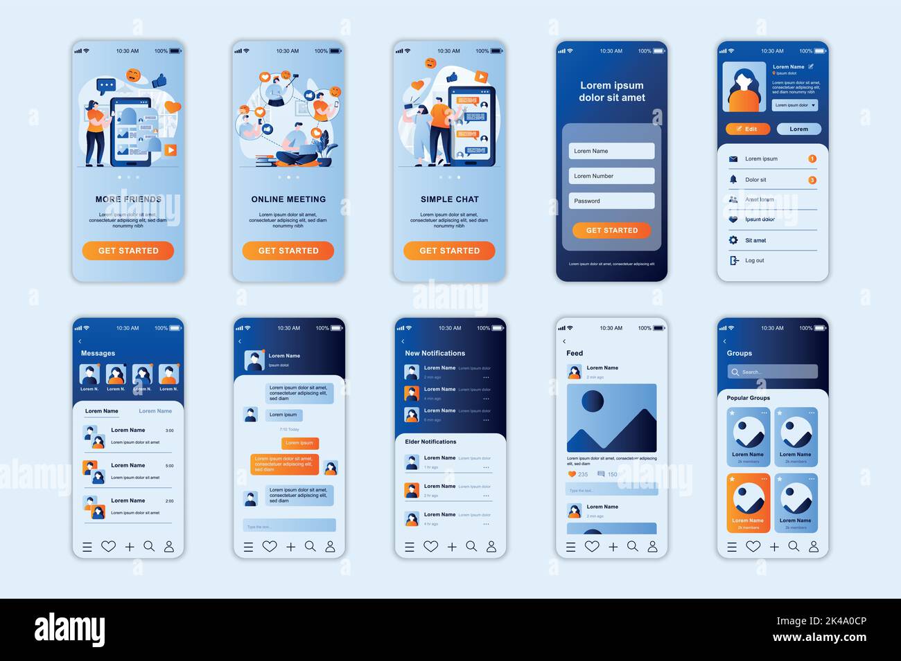 Écrans de concept de réseau social définis pour le modèle d'application mobile. Les gens peuvent discuter avec des amis et se rencontrer en ligne, publier des photos. Kit d'interface utilisateur UI, UX, GUI pour Illustration de Vecteur