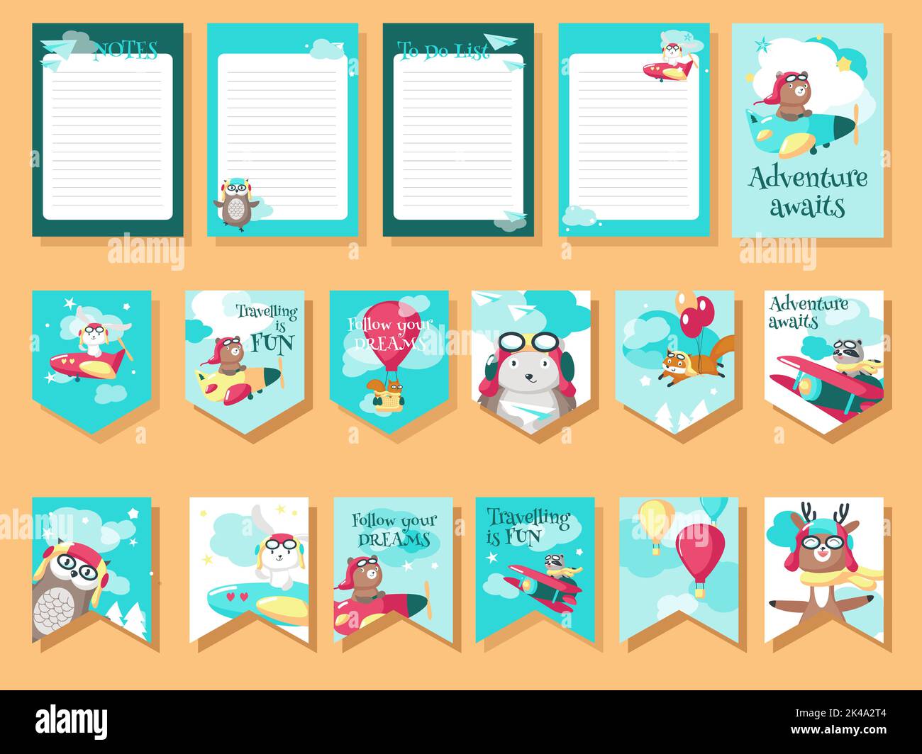 Jeu de cartes vectorielles, drapeaux, feuilles de bloc-notes avec animaux pilotes et citations de voyage inspirantes. Mignon renard raton laveur ours cerf et hibou lapin hedg Illustration de Vecteur
