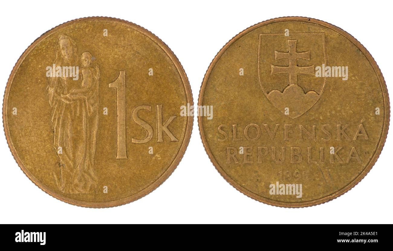 1 pièce de monnaie de couronne slovaque koruna (SKK) avec les deux côtés sur fond blanc isolé Banque D'Images