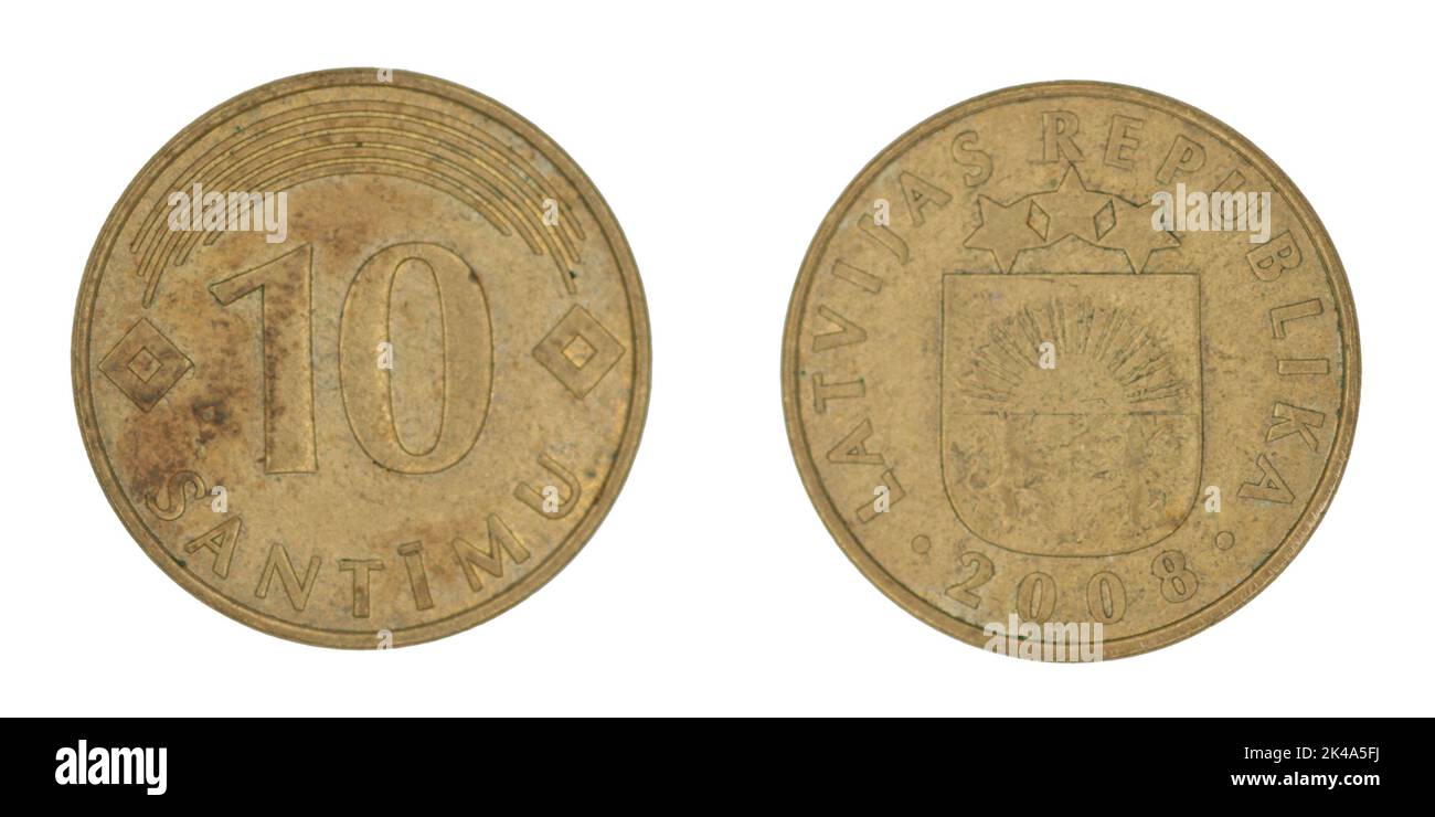 10 pièce de monnaie lettone santimu (LVL) avec les deux côtés sur fond blanc isolé Banque D'Images