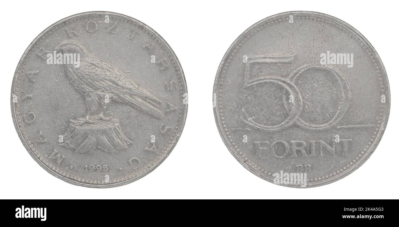 50 pièce de monnaie de Forint hongrois (HUF) avec les deux côtés sur fond blanc isolé Banque D'Images