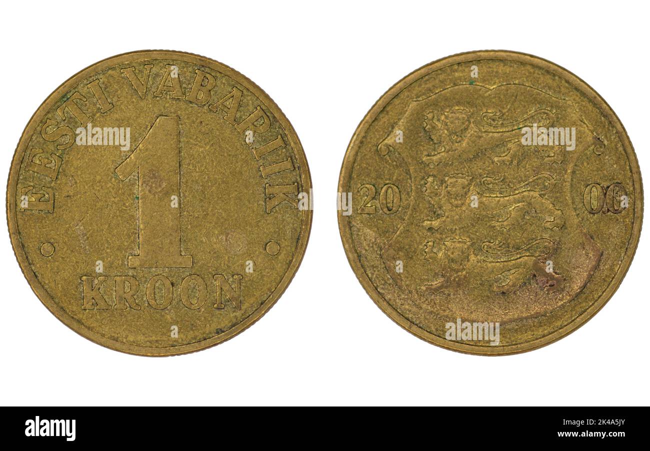 1 pièce de monnaie estonienne eesti crwon (EEK) avec les deux côtés sur fond blanc isolé Banque D'Images