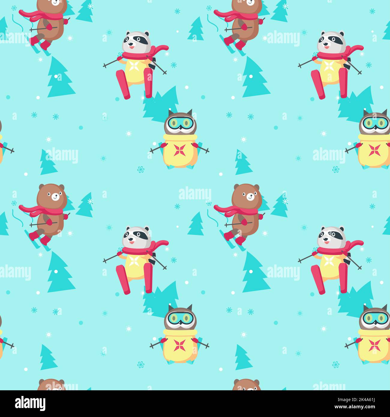 Motif vectoriel sans coutures avec ours, raton laveur et hibou adorables, qui s'amuse à skier. Arrière-plan d'hiver, papier peint, tissu, papier d'emballage. Illustration de Vecteur