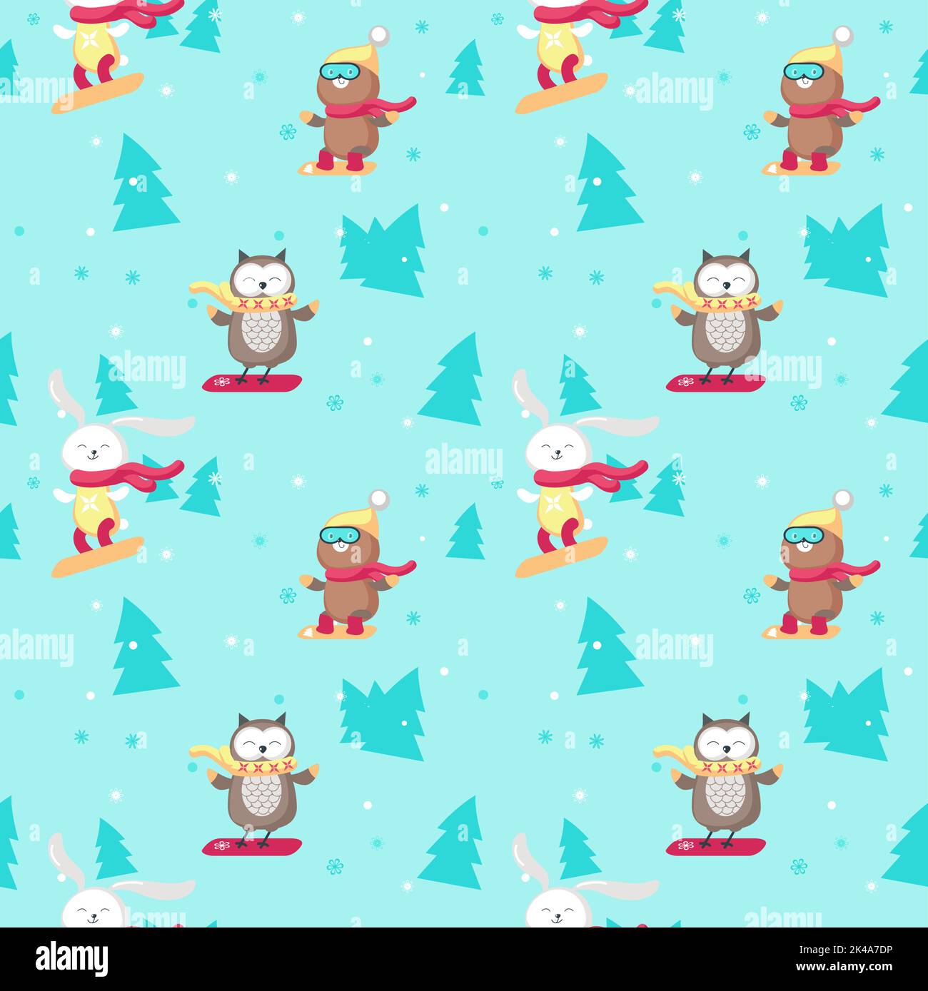 Motif vectoriel sans coutures avec ours, lapin et hibou adorables, qui s'amuse à faire du snowboard. Arrière-plan d'hiver, papier peint, tissu, papier d'emballage. Illustration de Vecteur