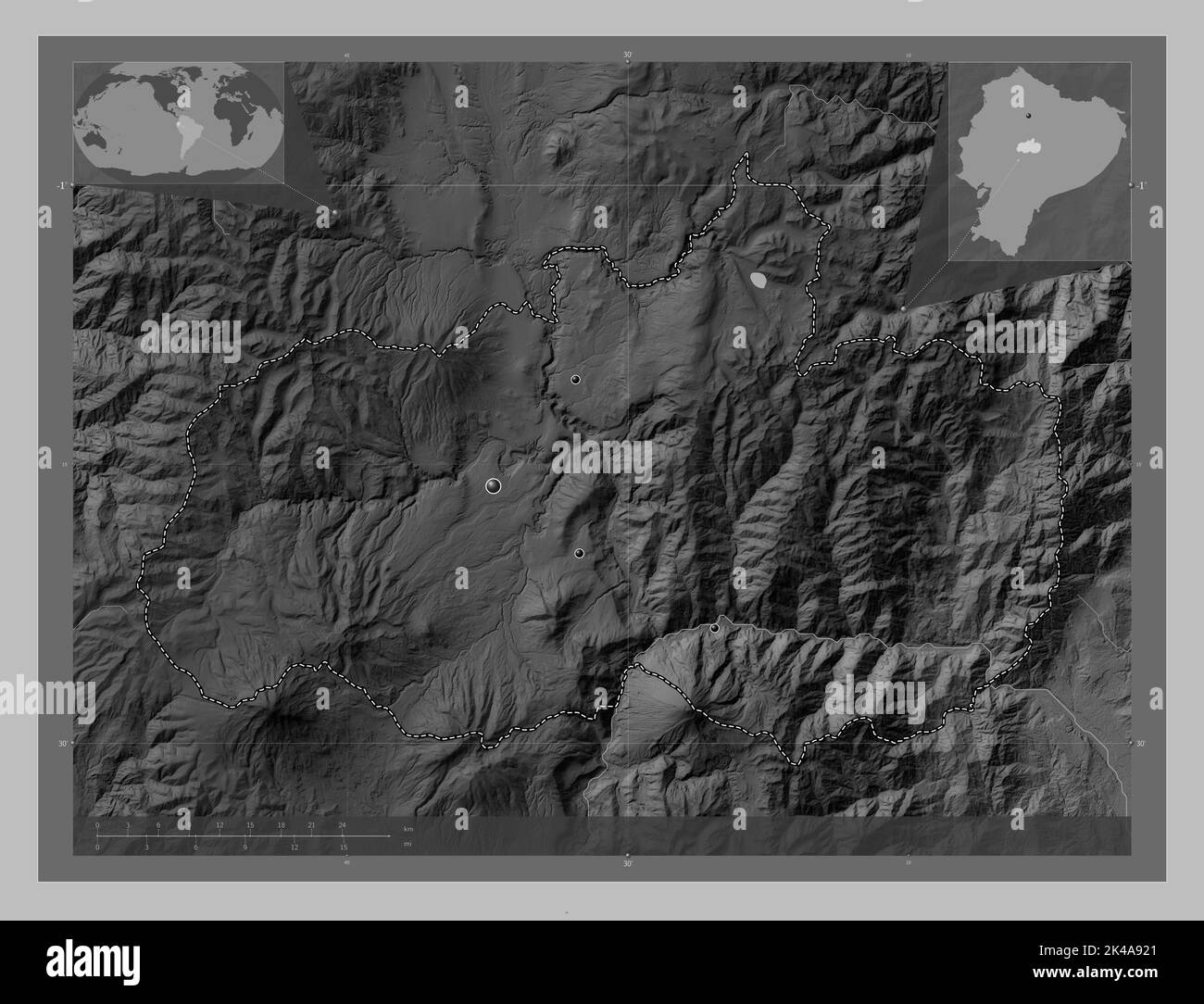 Tungurahua, province de l'Équateur. Carte d'altitude en niveaux de gris avec lacs et rivières. Lieux des principales villes de la région. Carte d'emplacement auxiliaire d'angle Banque D'Images